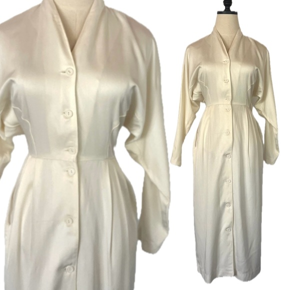 Rabbit Rabbit Rabbit Dresses & Skirts - Vintage Cream Button Front Midi Dress Size XS Dolman Batwing Sleeves Tailored